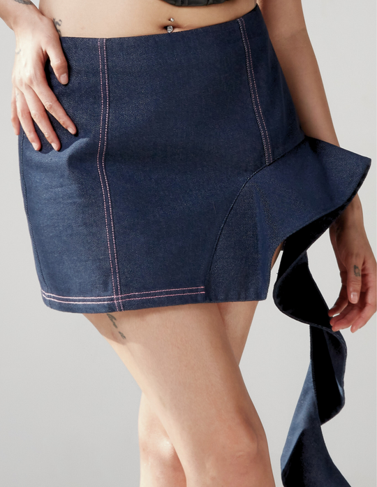 Unbalanced Ruffle Skirt - Raw Denim